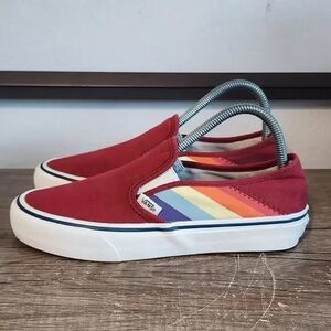 Vans Women's Red Slip-On Sneakers with Multicolor Stripe